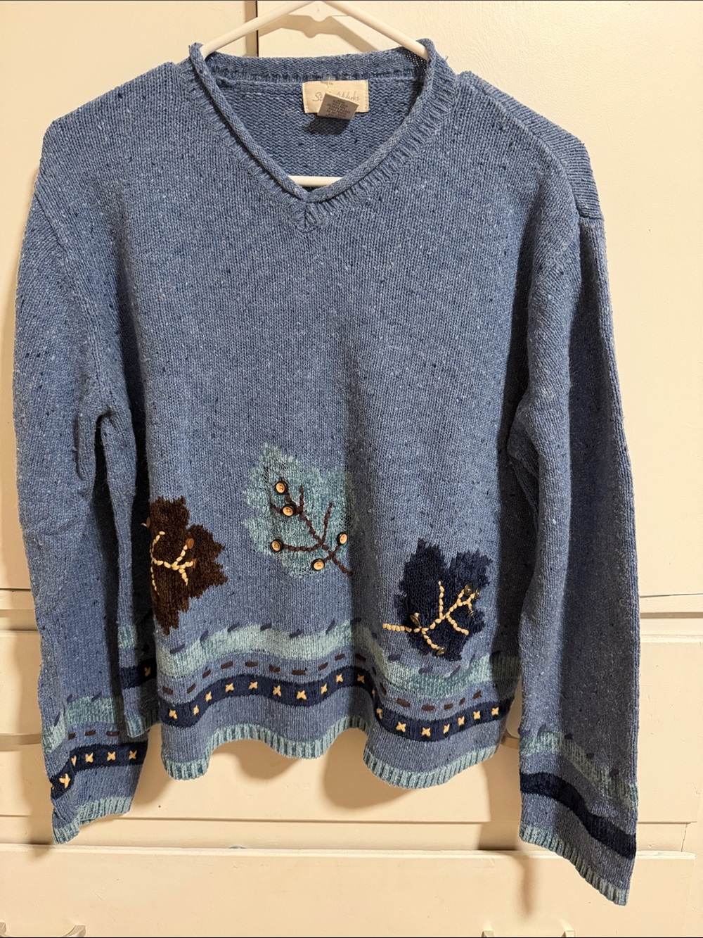 Studio Works Blue V-Neck Sweater with Floral Embroidery